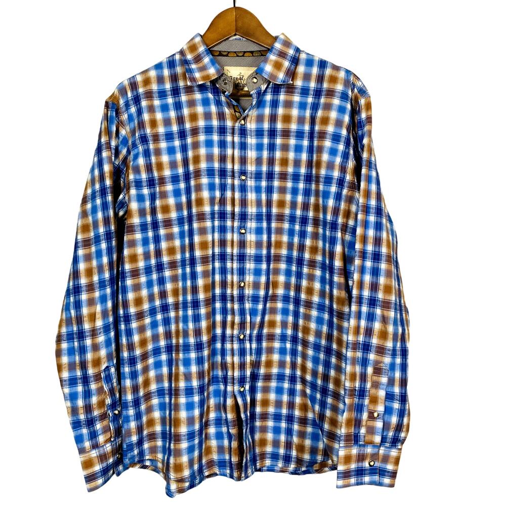 Age of Wisdom Pearl Snap Button Up Shirt Long Sleeve Blue Tan - L